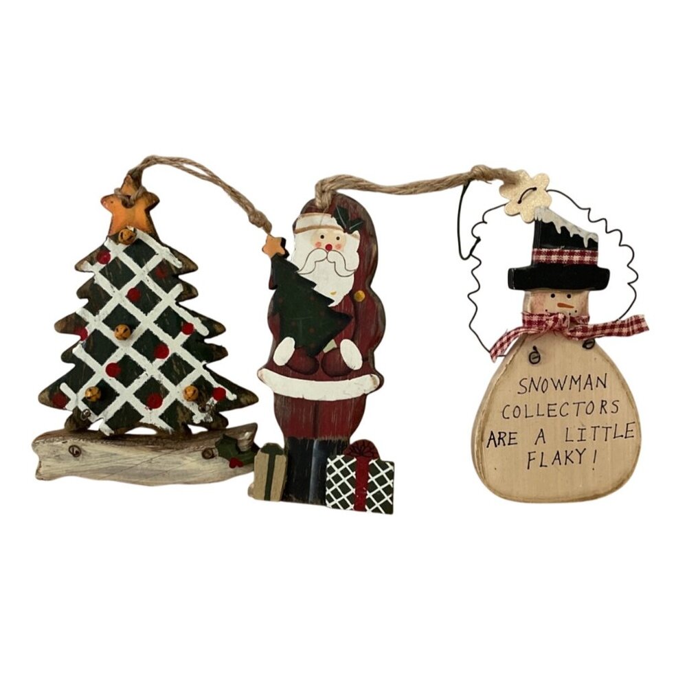 Rustic Wood Christmas Ornaments Set Of 3 Snowman Santa and Tree Primitive Decor